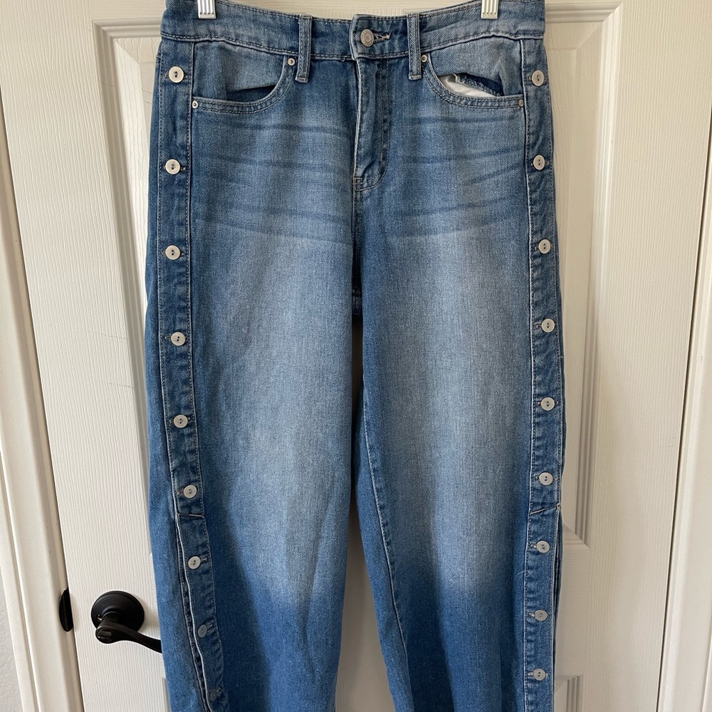 Black Daisy Mid Length Wide Length Jeans with Button Detail